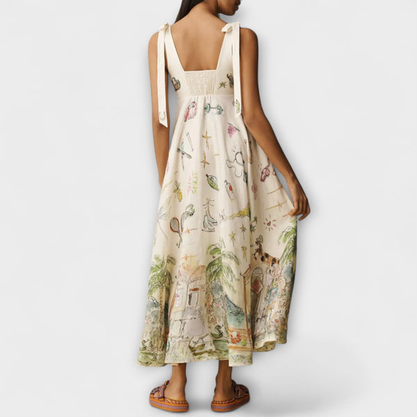 Juliette - Vestido midi de lino pintado con cinta de ballet