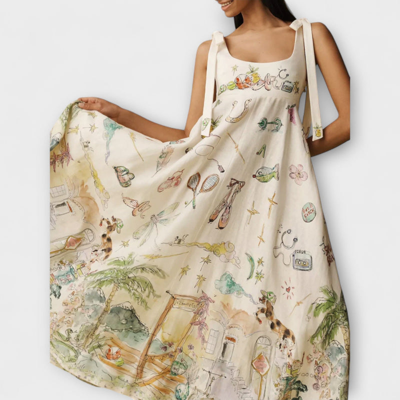 Juliette - Vestido midi de lino pintado con cinta de ballet