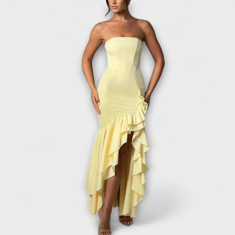 Zuri - Vestido Maxivestido Ajustado con Hombros Descubiertos y Dobladillo Asimétrico