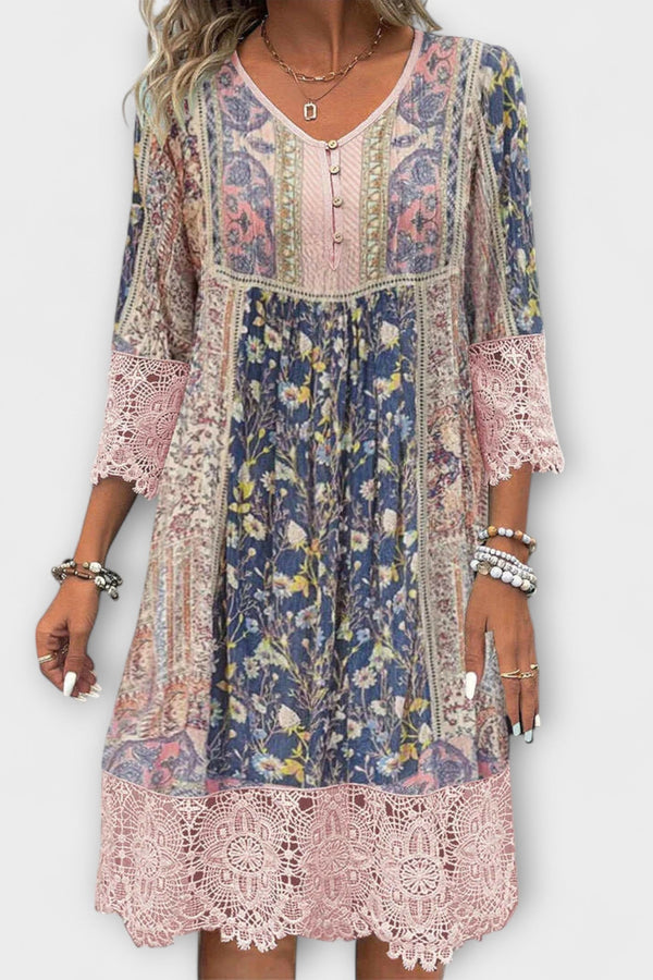 Casey - Vestido Boho con encaje y estampado de flores vintage