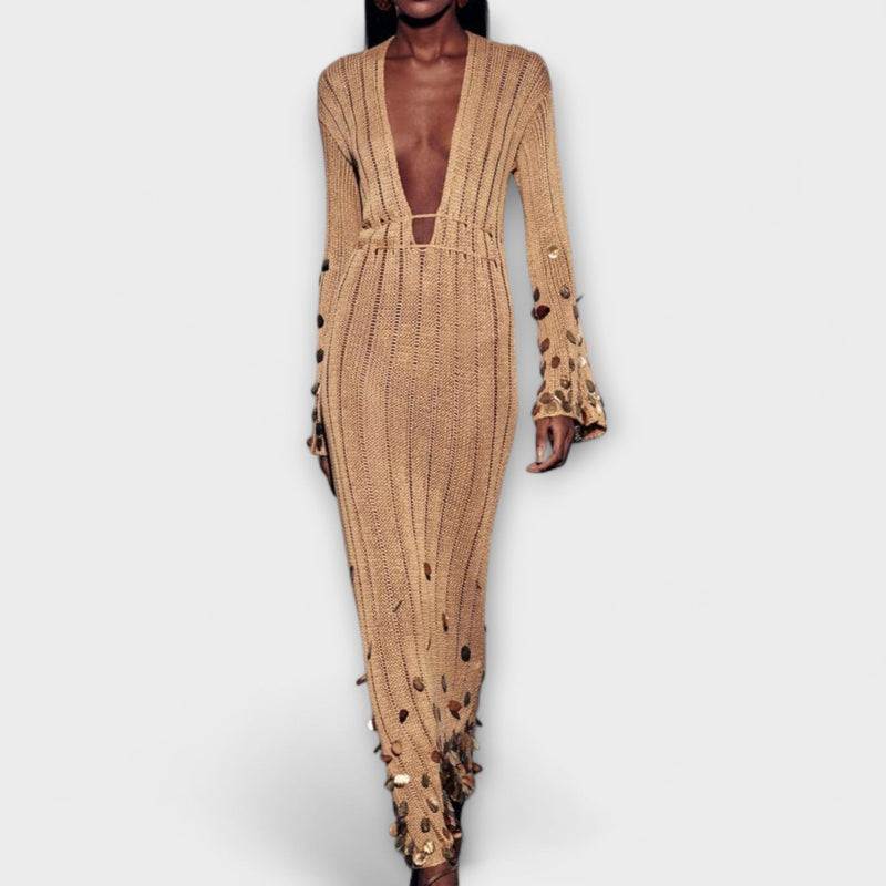 Kathleen - Vestido Maxi de Punto Dorado de Dolly