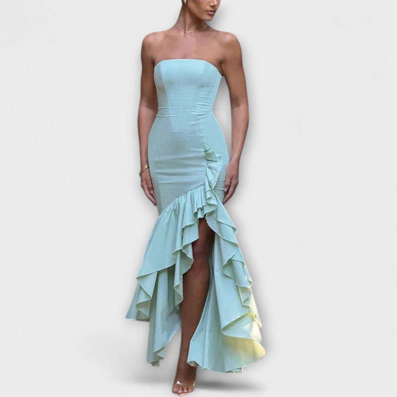 Zuri - Vestido Maxivestido Ajustado con Hombros Descubiertos y Dobladillo Asimétrico