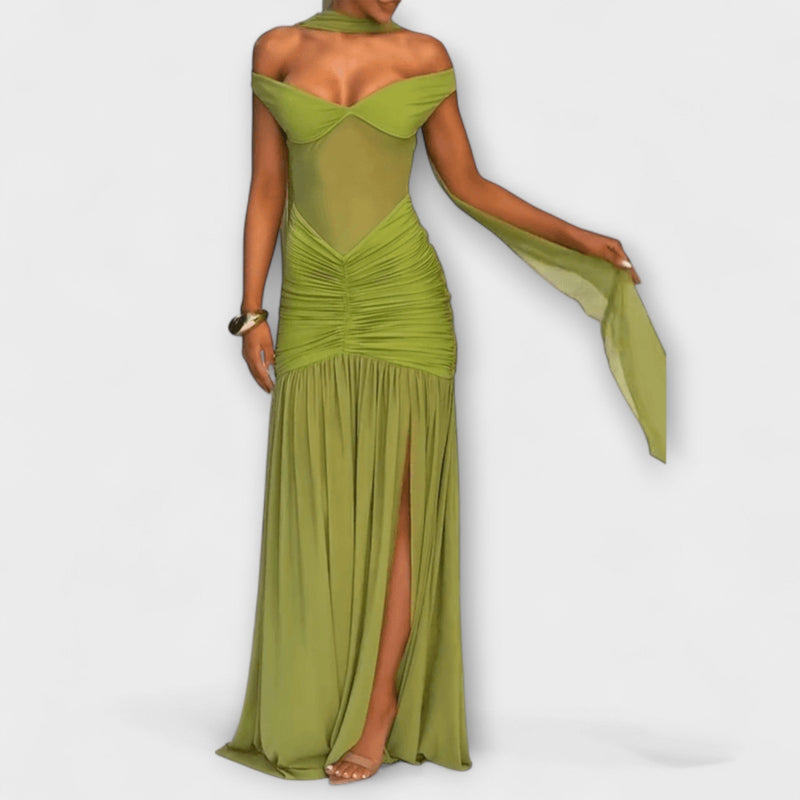 Nicole - Vestido Maxí de Escote en V Color Oliva