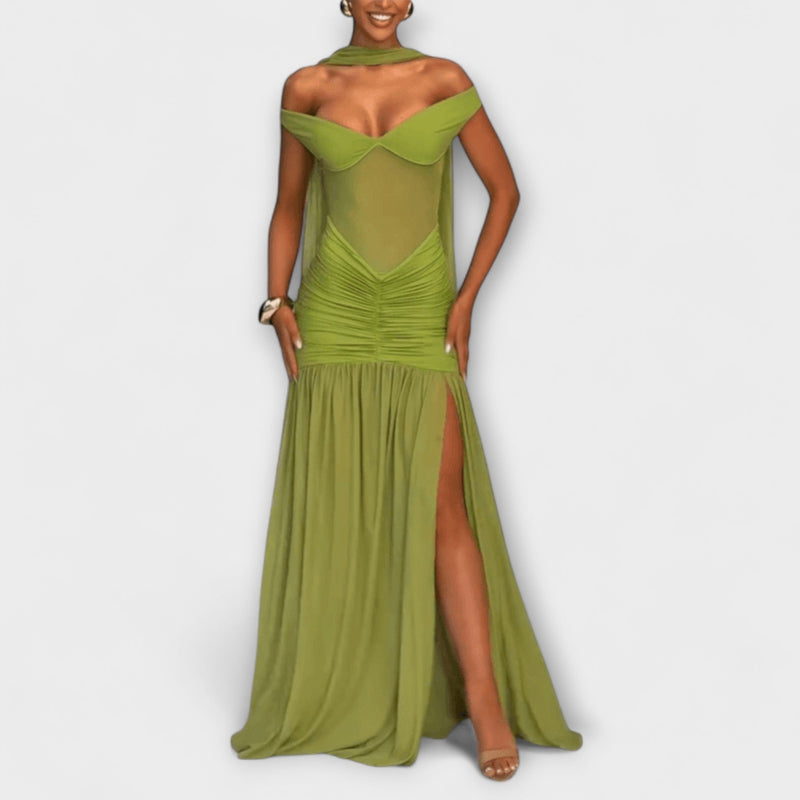 Nicole - Vestido Maxí de Escote en V Color Oliva