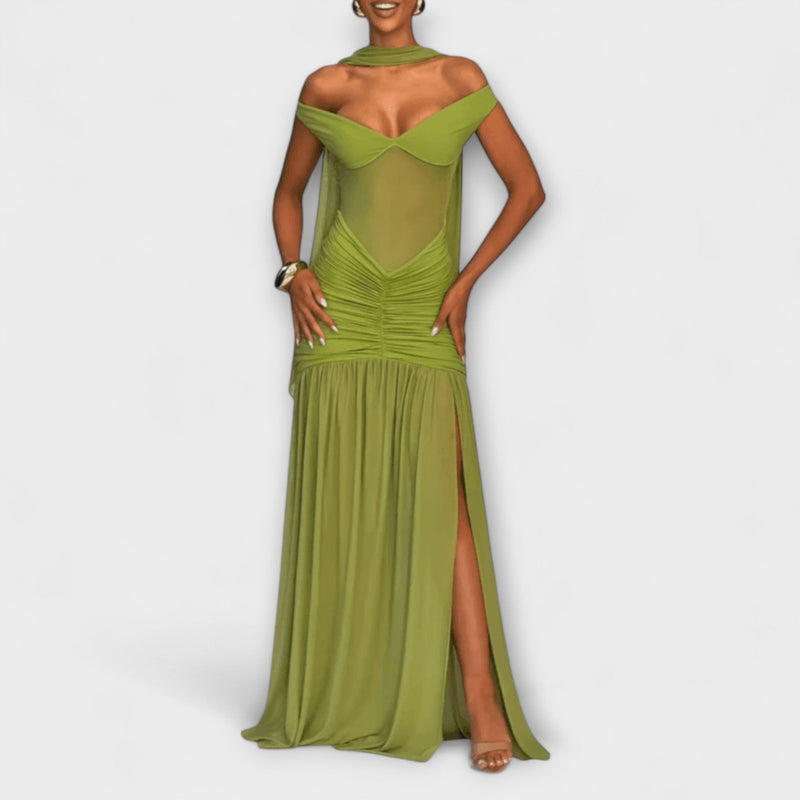 Nicole - Vestido Maxí de Escote en V Color Oliva