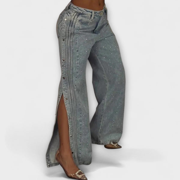 Nola - Jeans de tiro alto adornados con strass y botones laterales