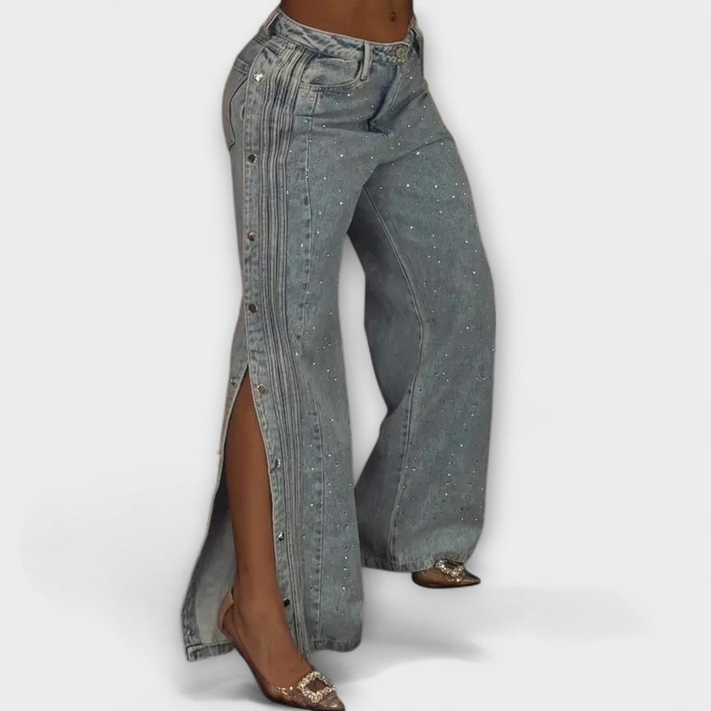 Nola - Jeans de tiro alto adornados con strass y botones laterales