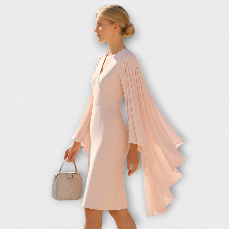 Rachel - Vestido midi color rosa con escote en V y mangas de gasa