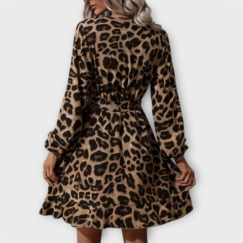 Vestido elegante con estampado de leopardo, escote en V y cinturón