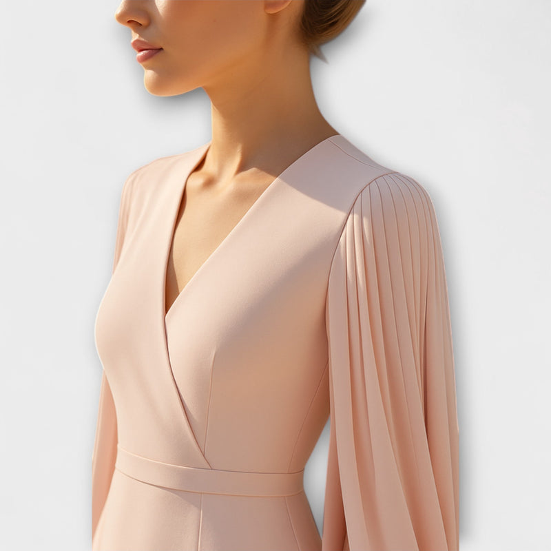 Rachel - Vestido midi color rosa con escote en V y mangas de gasa