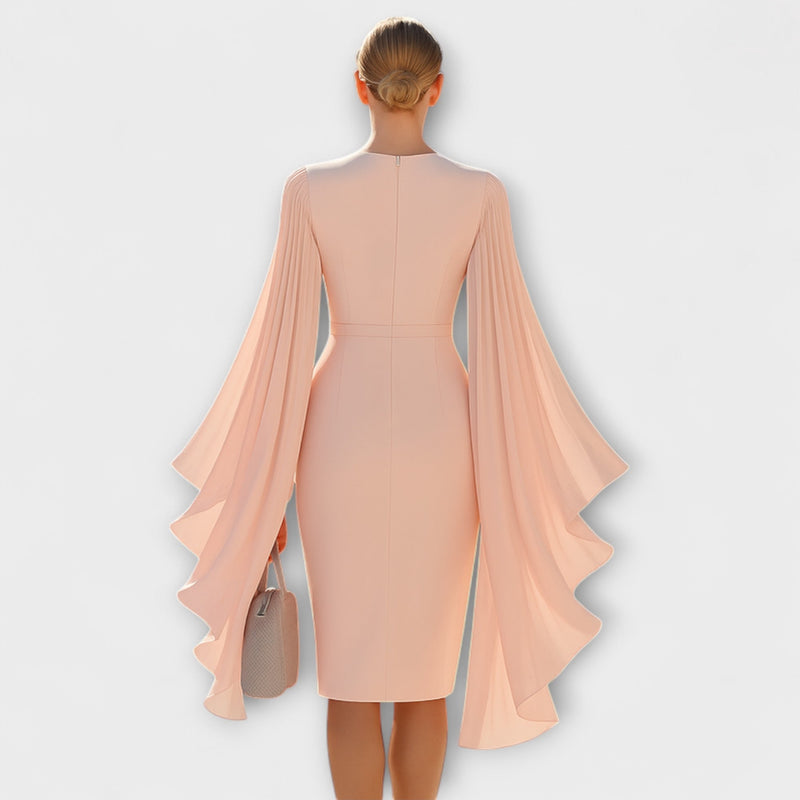 Rachel - Vestido midi color rosa con escote en V y mangas de gasa
