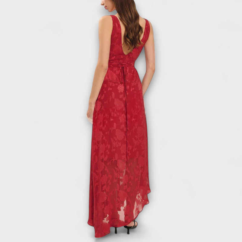 Ópalo - Elegante vestido maxi de jacquard con espalda descubierta