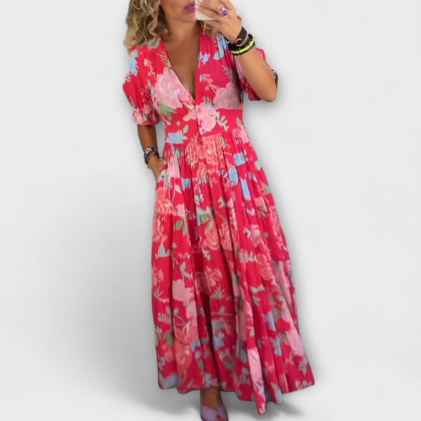 Catrisa - Vestido de Bolsillo con Estampado Floral y Escote en V