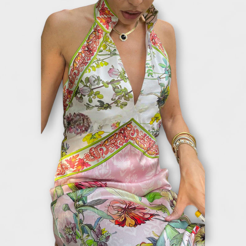 Ayla - Vestido Maxí Sin Mangas con Espalda Abierta de Flores