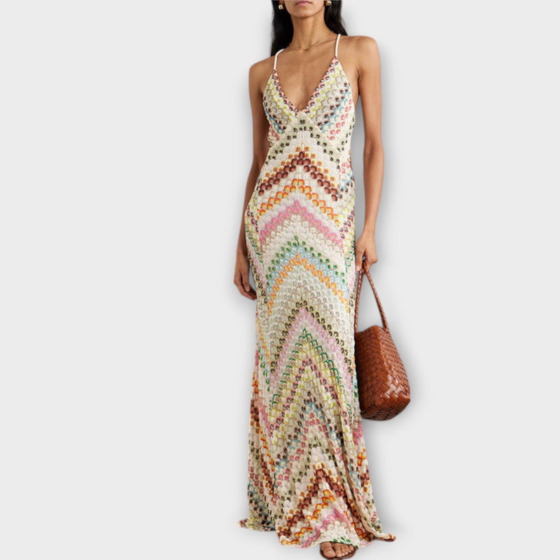 Remi - Vestido Maxí de Punto con Patrón de Pescado Colorido