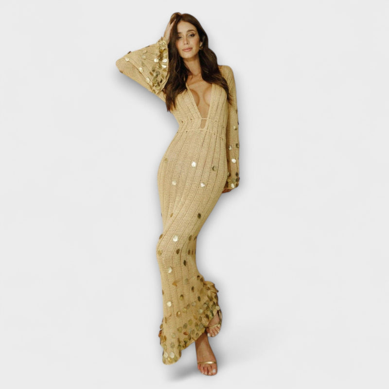 Kathleen - Vestido Maxi de Punto Dorado de Dolly