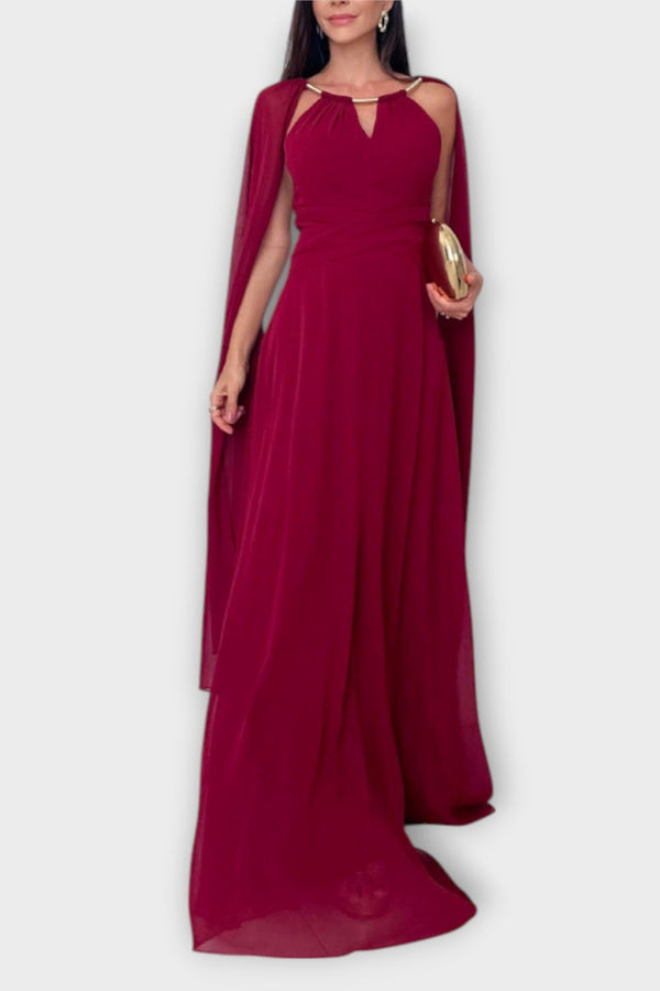 Mabel - Elegante vestido maxi con mangas de capa y alta abertura