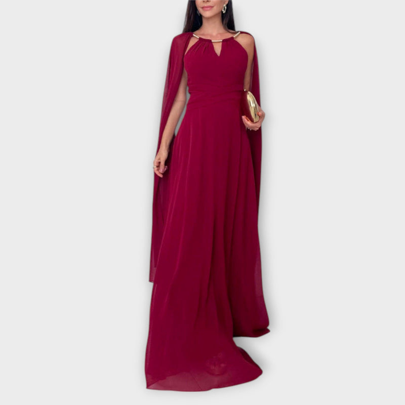 Mabel - Elegante vestido maxi con mangas de capa y alta abertura