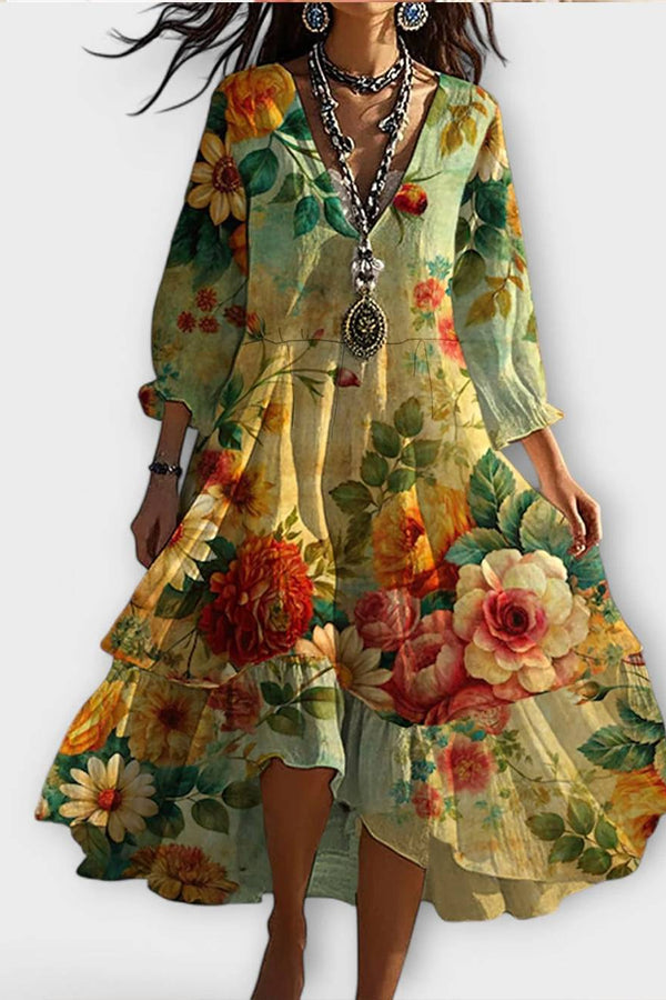 Marina - Vestido Vintage Boho con Estampado de Flores y Escote en V