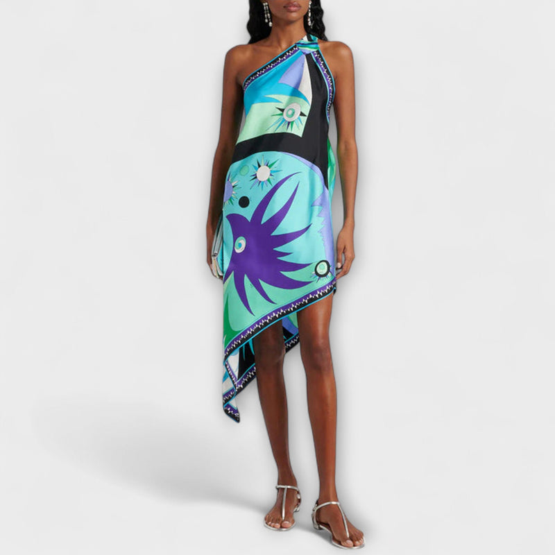 Esme - Vestido midi de satén con estampado único y dobladillo asimétrico