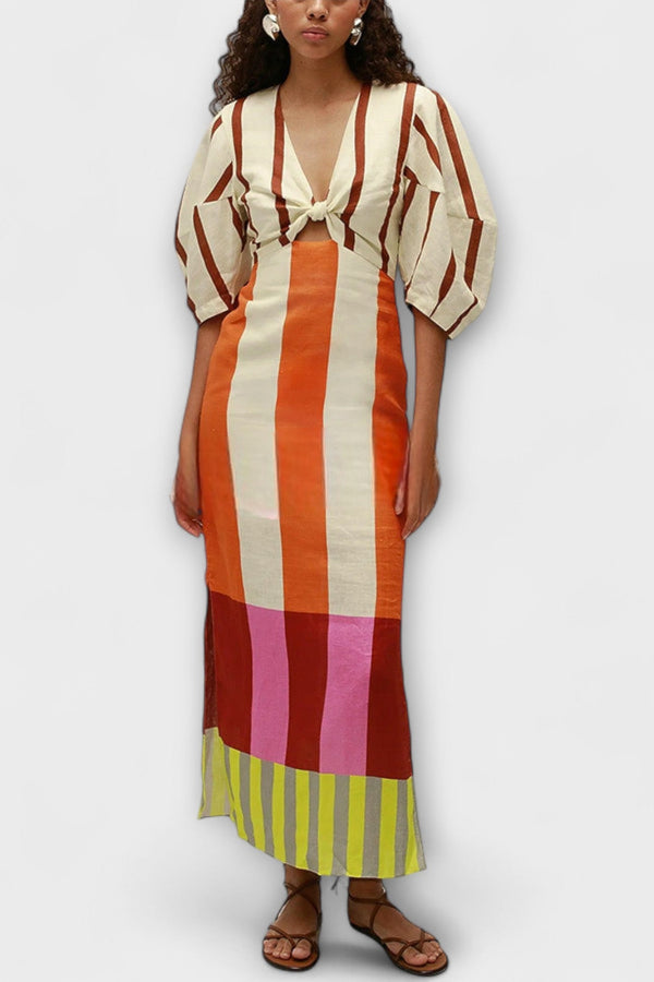 Kaya - Vestido maxi con escote delantero y mangas abullonadas