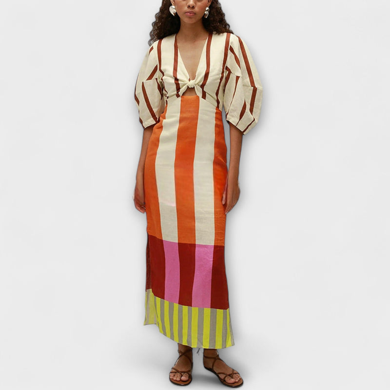 Kaya - Vestido maxi con escote delantero y mangas abullonadas
