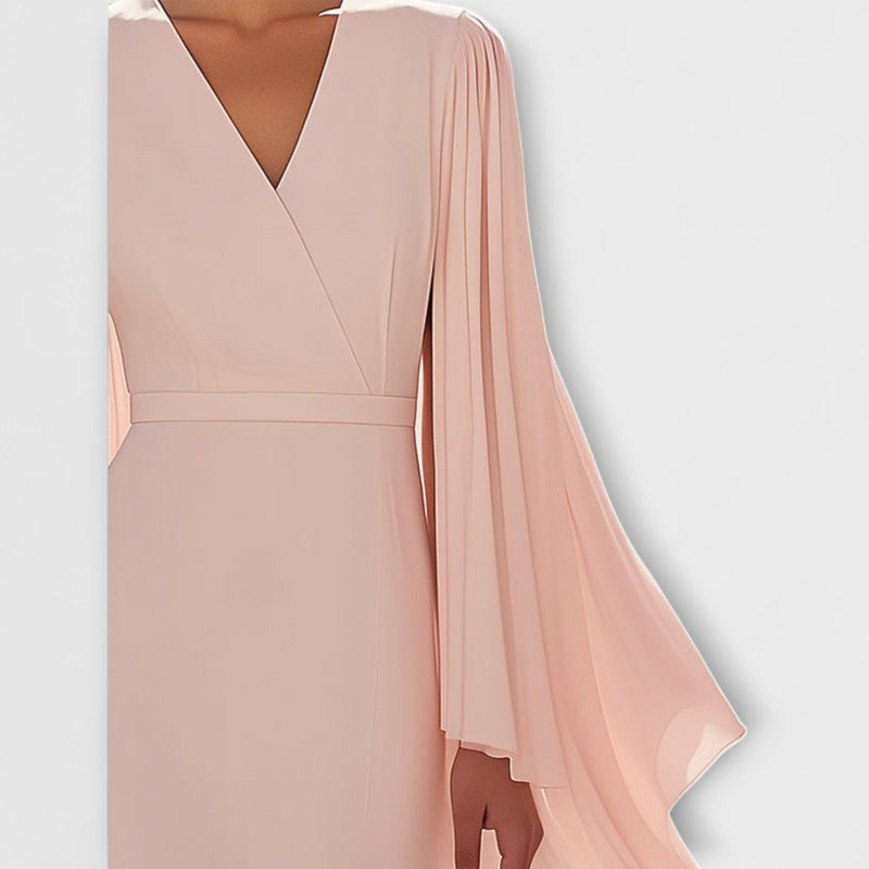 Rachel - Vestido midi color rosa con escote en V y mangas de gasa
