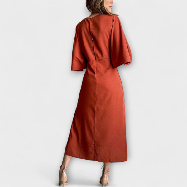 Holly - Vestido casual de corte en V de algodón-lino con cordones