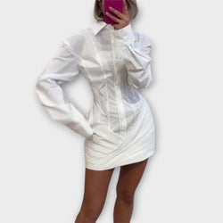 Indie - Vestido de camisa plisado blanco de manga larga
