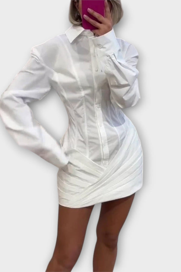 Indie - Vestido de camisa plisado blanco de manga larga