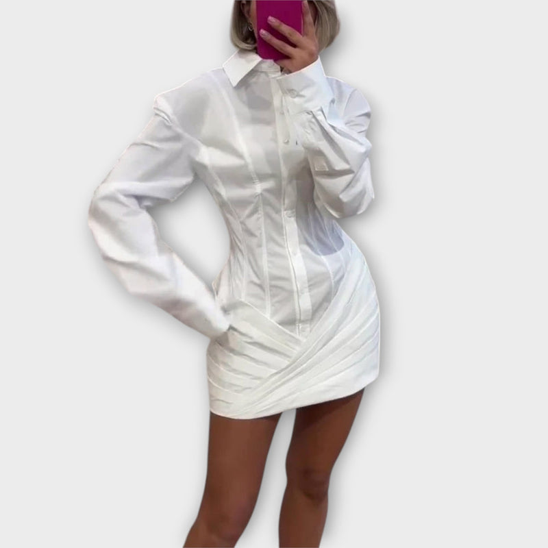 Indie - Vestido de camisa plisado blanco de manga larga