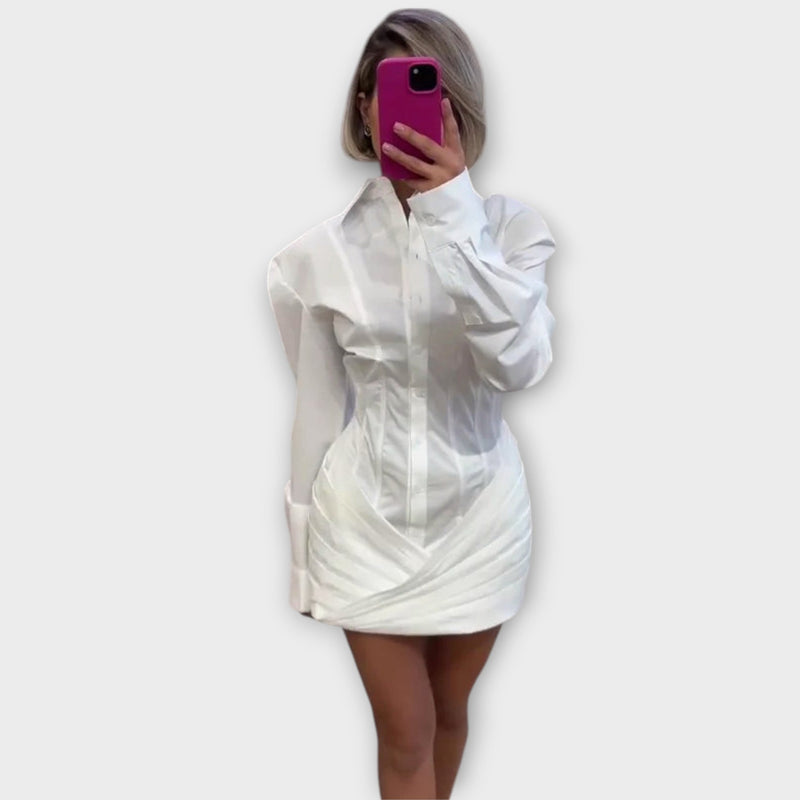 Indie - Vestido de camisa plisado blanco de manga larga