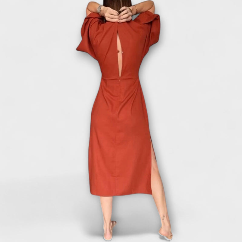 Holly - Vestido casual de corte en V de algodón-lino con cordones