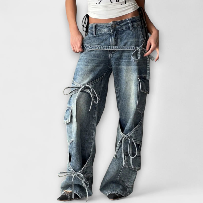 Paloma - Jeans de mezclilla utilitarios con detalle de nudo