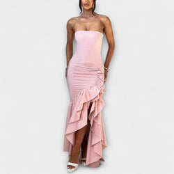 Zuri - Vestido Maxivestido Ajustado con Hombros Descubiertos y Dobladillo Asimétrico