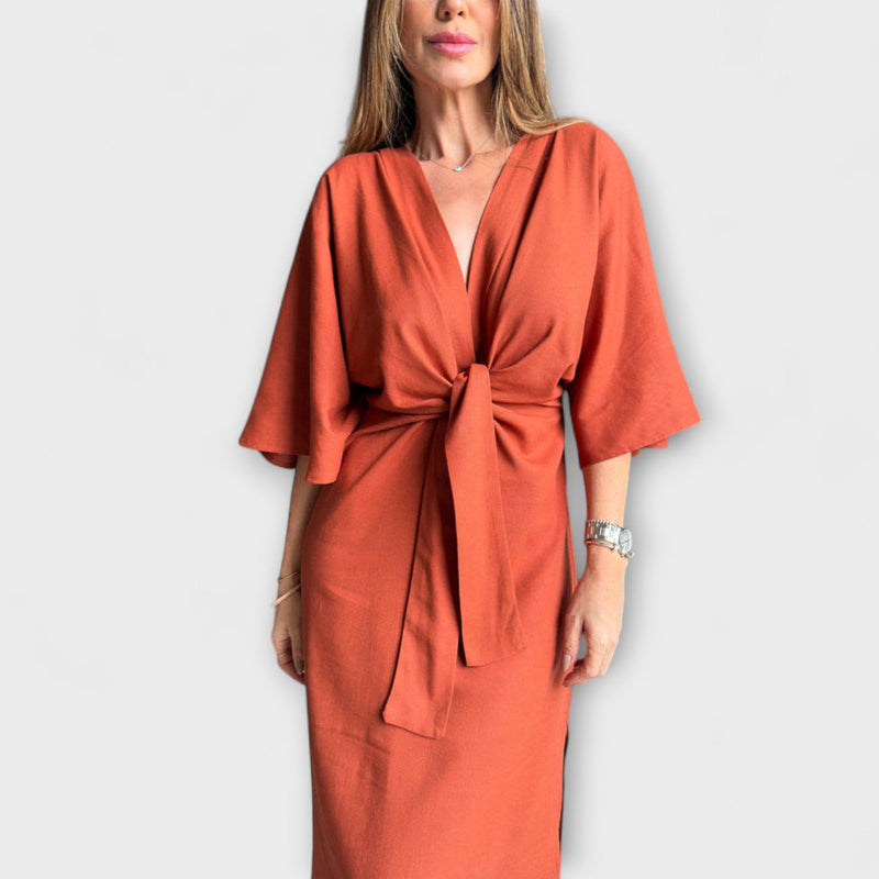 Holly - Vestido casual de corte en V de algodón-lino con cordones