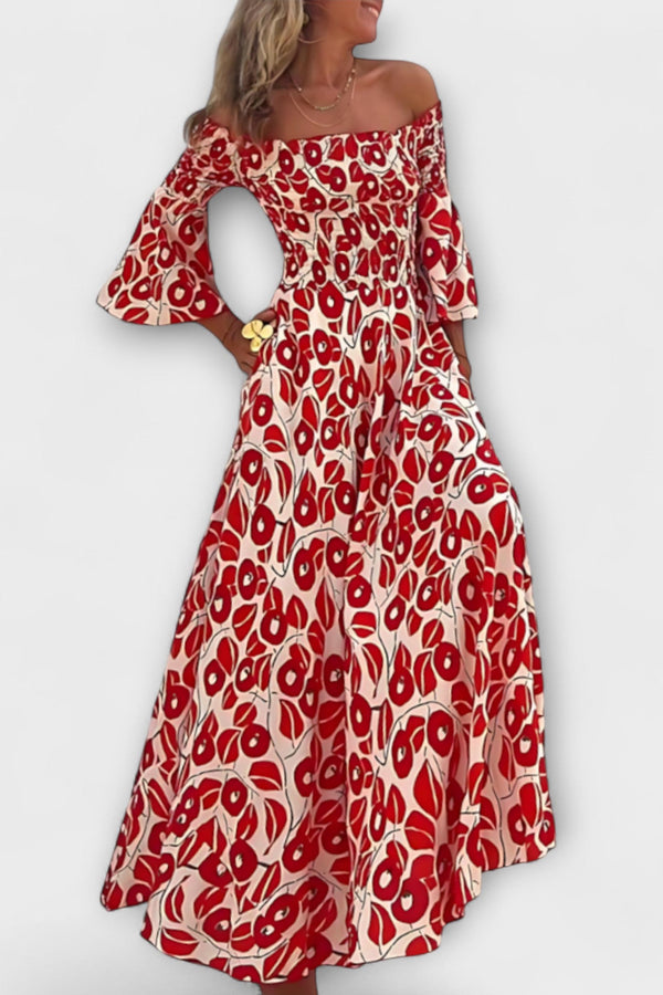 Bella - Vestido Off-Shoulder con Flores Marinas
