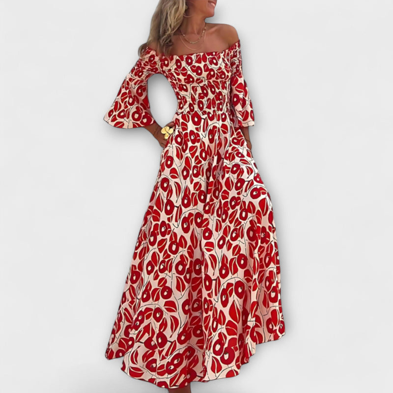 Bella - Vestido Off-Shoulder con Flores Marinas