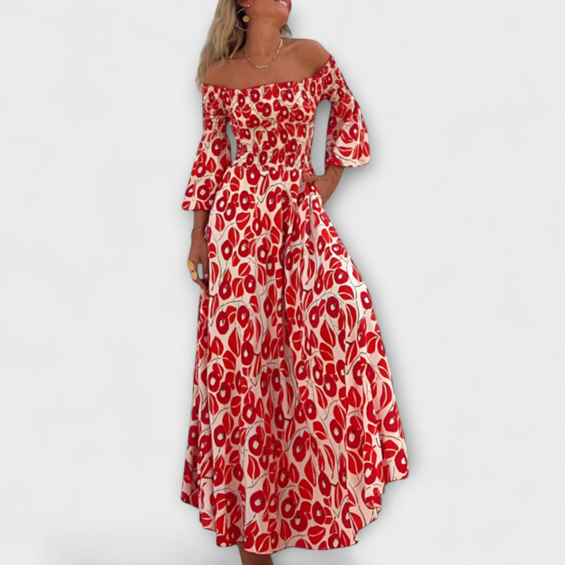 Bella - Vestido Off-Shoulder con Flores Marinas