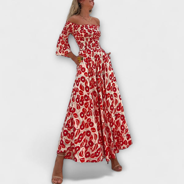 Bella - Vestido Off-Shoulder con Flores Marinas
