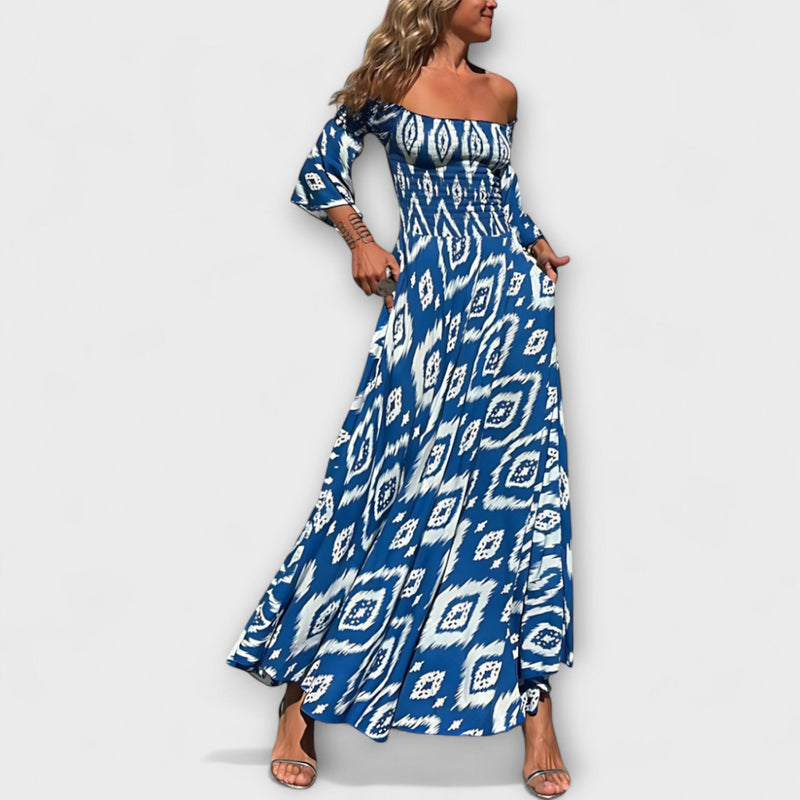 Bella - Vestido Off-Shoulder con Flores Marinas