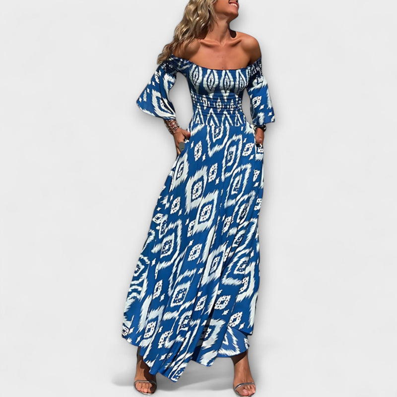 Bella - Vestido Off-Shoulder con Flores Marinas