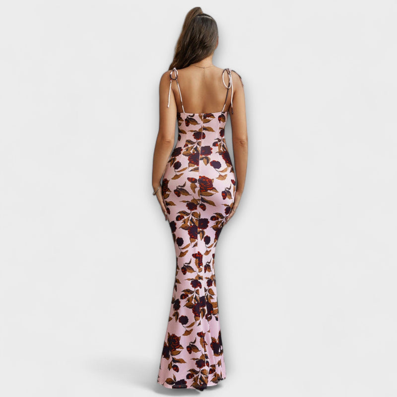 Thalia - Vestido de Prom con Estampado Floral y Tirantes Atados
