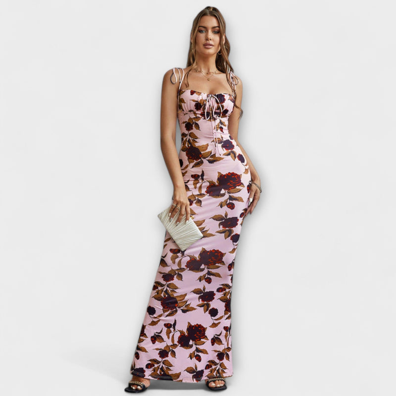 Thalia - Vestido de Prom con Estampado Floral y Tirantes Atados