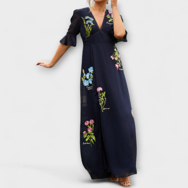 Beatrice - Elegante vestido azul marino con bordado floral