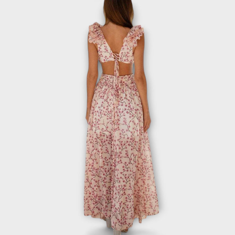 Elin - Vestido maxi con volantes y detalles cut-out
