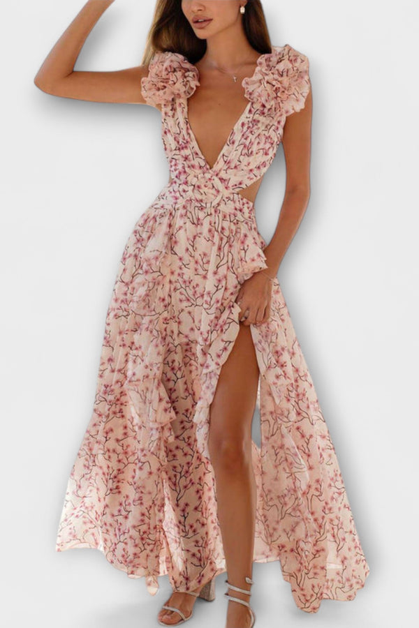 Elin - Vestido maxi con volantes y detalles cut-out