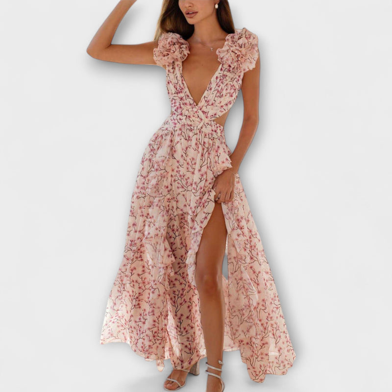Elin - Vestido maxi con volantes y detalles cut-out