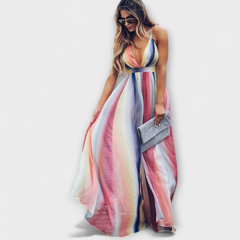 Vestido de dama a rayas multicolor con escote en V