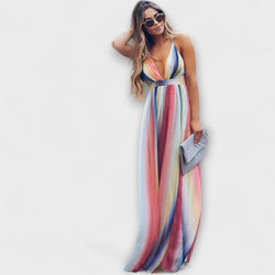 Vestido de dama a rayas multicolor con escote en V